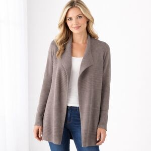Olsen Cotton Blend Knit Cardigan Taupe Open Front Textured Longline Sweater